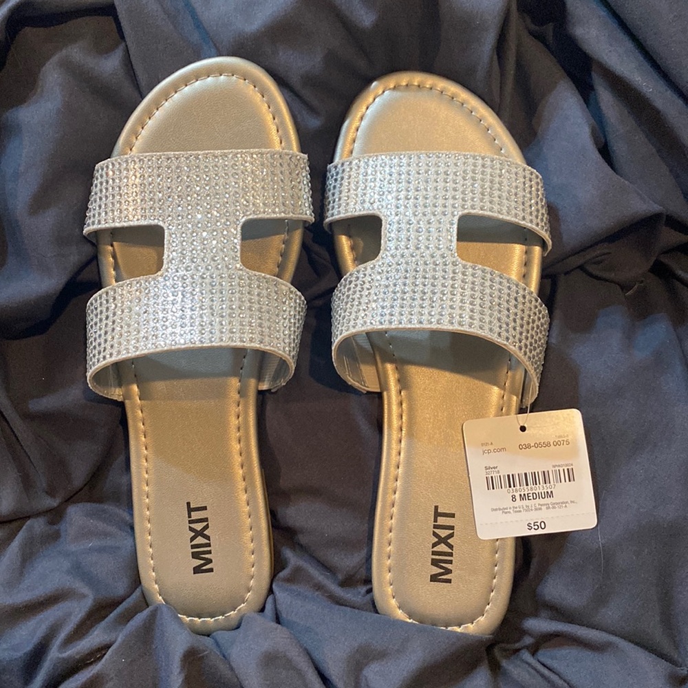 NWT MIXIT silver and crystal embellished slides